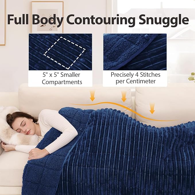 Sherpa Fleece Weighted Blanket with 3D Ribbed Stripes, 15 lbs Soft Flannel Heavy Throw Blanket for Couch Bed Sofa, Heavy Thick Blankets with Glass Beads, Comfort for Cozy Evenings, 48" x 72"