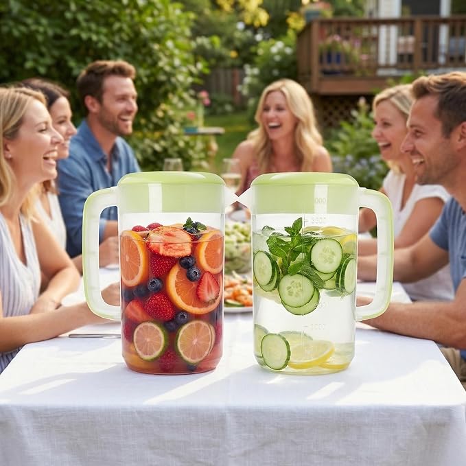 Jucoan 2 Pack 1 Gallon Plastic Pitcher with Lid, Clear Ice Tea Pitcher for Fridge, Large Water Carafe Jug Beverage Pitcher with 3 Position Pour Spout Lid, Handle,Scale for Home, Party