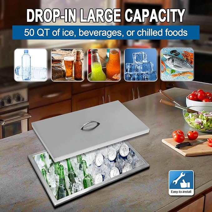Commercial Stainless Steel Drop-in Ice Bin Chest – Insulated Bar Ice Well for Beverage Service