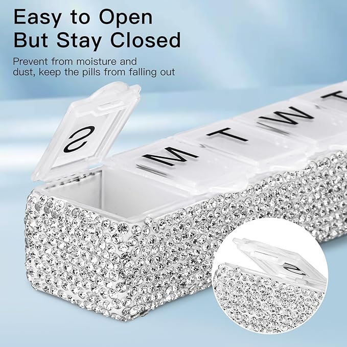 Soleebee Portable Weekly 7 Day Pill Organizer, Bling Crystal Pill Box Case, Travel Pill Planner, Pill Dispenser, Medicine Vitamin Container Organizer (Silver)