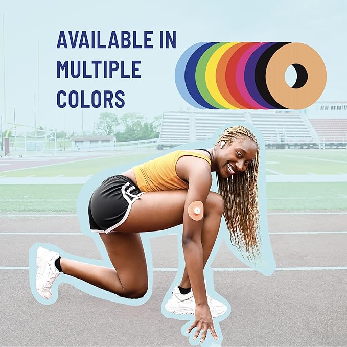 RightCare CGM Adhesive Patches Pre-Cut for Freestyle Libre 2 & 3, and Lingo, Waterproof Adhesive Medical Tape, Uncovered Circle Protective Patches, Multicolor Assortment, Bag of 25
