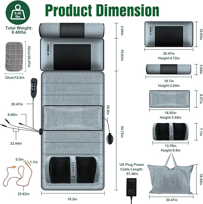 Full Body Massage Mat with Heat, Vibration Massage Pad with Detachable Shiatsu Neck Massager & Foot Massager, Inflatable Head Pillow and Lumbar Pillow, 10 Vibration Motors 3 Timers for Home Use
