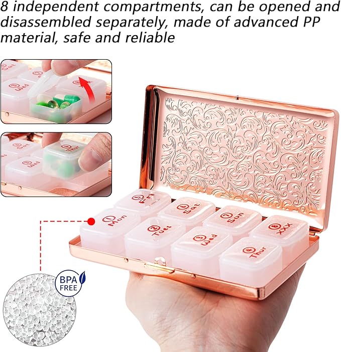 Portable 7-Day Metal Pill Case, Featuring 8 Compartments—Perfect for Travel. BPA-Free. (L-Pink, Large)
