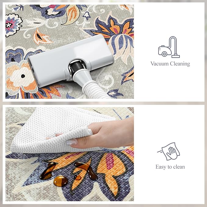 LEEVAN Anti Fatigue Mats for Kitchen Floor 2 Piece,Cushioned Memory Foam Blue Gray Kitchen Mats for Floor,Comfort Floral Boho Non Slip Kitchen Floor Mat for Sink,Laundry,Office(20"x31"+20"x47")