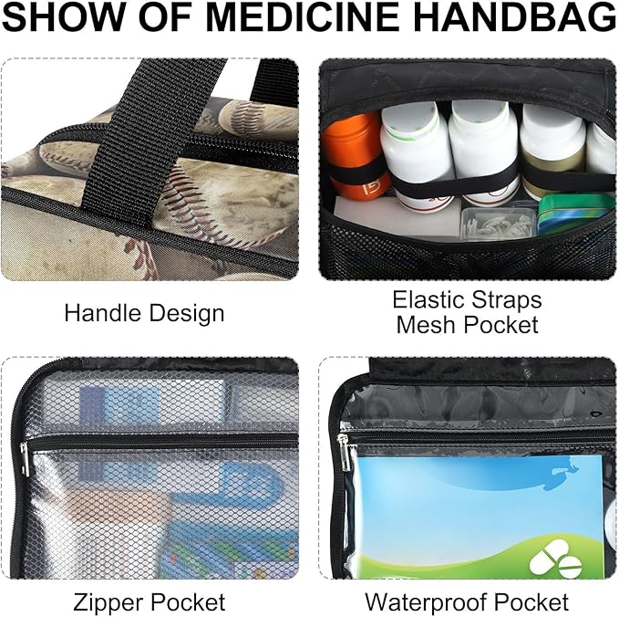 Fustylead Rustic Baseball Sport Themed Farmhouse Travel Medicine Organizer Bag Home Storage First Aid Kit Large Pill Case with Zipper for Pill Bottle, Vitamins, and Medical Supplies