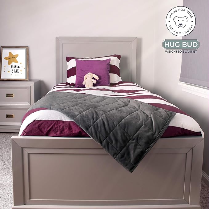 Hug Bud Weighted Blanket Comforter - 36" X 48" - 5-lbs - No Cover Required - Use as Throw or on Twin Size Bed - For Adults+Kids- Silky Minky Grey - Premium Glass Beads - Stimulation Sensory Relaxation