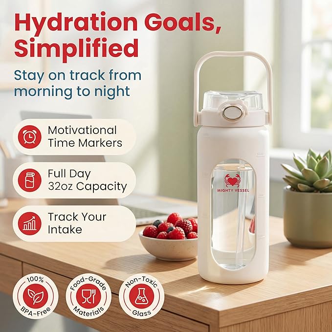 32 oz Glass Water Bottle – White | Leakproof Borosilicate Design with Time Markers, Silicone Sleeve & Flip Straw – Lightweight for Gym, Travel, Work