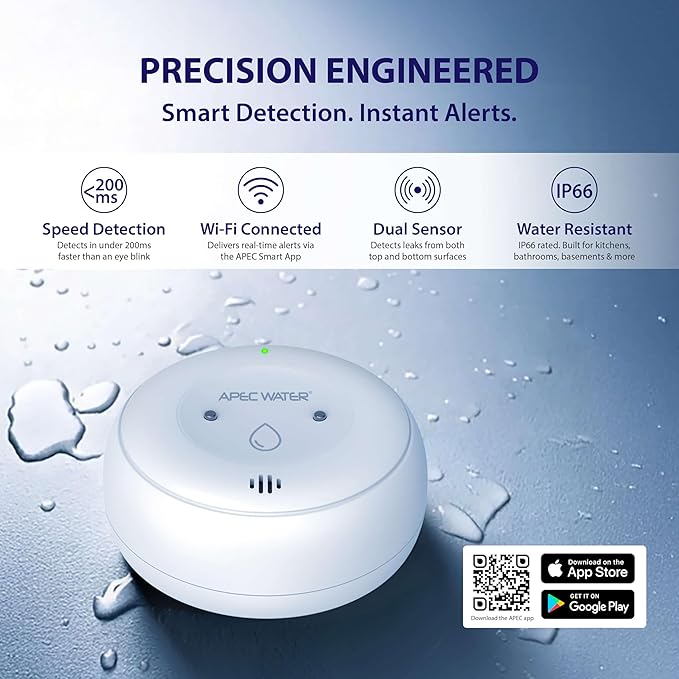 APEC WATER WiFi Water Leak Detector for Home, App Connected get Real-Time Alerts, Highly Reliable Dual Sensor Wet Moisture Detection (3PK)