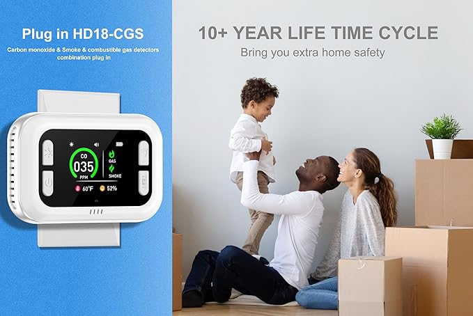 Plug in 6in1 Smoke & Carbon Monoxide Detector & Combustible Natural Gas Combination Builti-in Backup 1000mAh Battery & HD Screen [Temp Humidity Sensors] for Home Kitchen Hotel (1Pack, White)