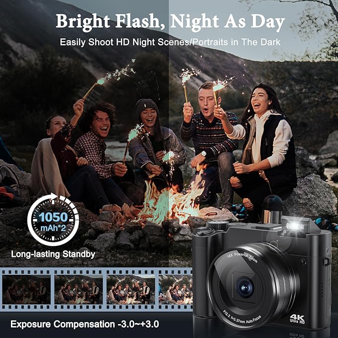 4K Digital Camera, 64MP Rear and Front Camera for Photography and Video Autofocus Anti-Shake, 3'' Selfie Flip Vlogging Camera with Ultra Bright Flash, Camera with Dial 16X Zoom (2 Batteries+Charger)