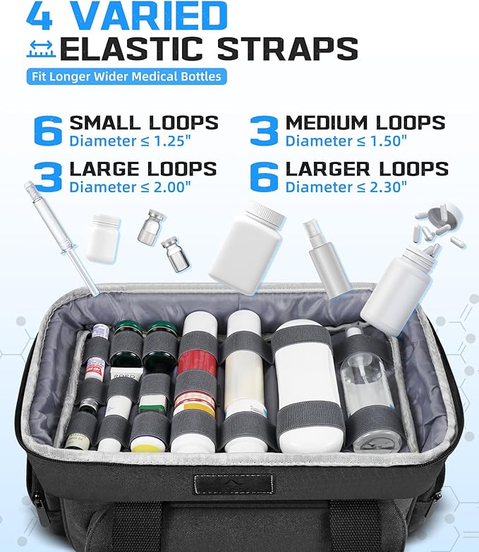 ARCFOX Medicine Storage Bag with Lock, Vintage Canvas Large Pill Bottle Organizer for Men, Double Layers Medication Storage with Portable Travel Pouch Shoulder Strap Handles, Black