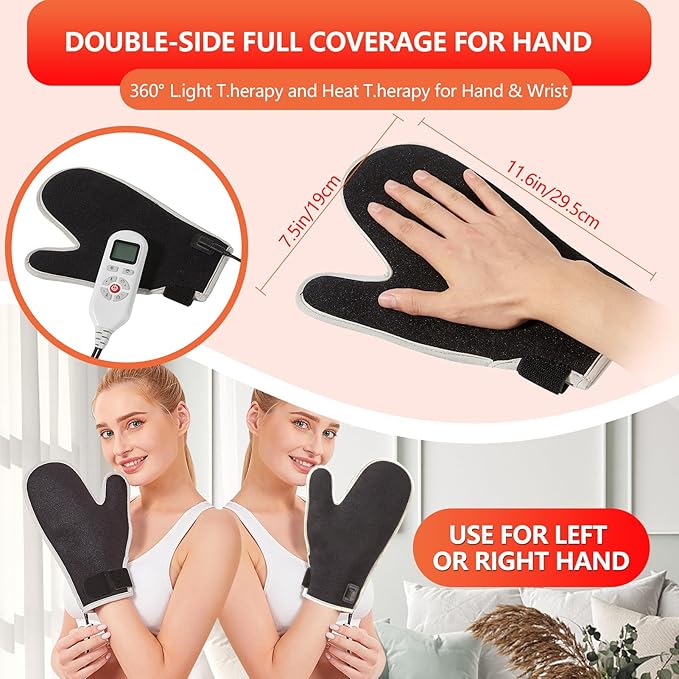 JOBYNA Red Light Therapy Glove, 850nm Near Infrared Light & 660nm Red Light for Hand Wrist Finger, Auto Shut Off & Adjustable Temperature, USB or Outlet Power Supply