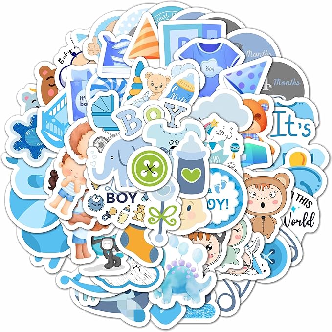 BulbaCraft 100Pcs Boy Stickers for Shower, Newborn Stickers, Shower Favors for Boys, Elephant Decals, Gifts for Women & Men