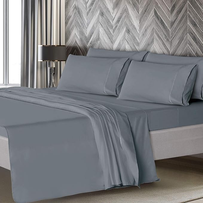 Mueller Luxury 6 PC Full Size Bed Sheets, Super Soft 1800, Deep Pocket up to 16" Full Size Sheets, Transfers Heat, Breathes Better, Hypoallergenic, Wrinkle-Resistant, Oeko-TEX, Light Grey