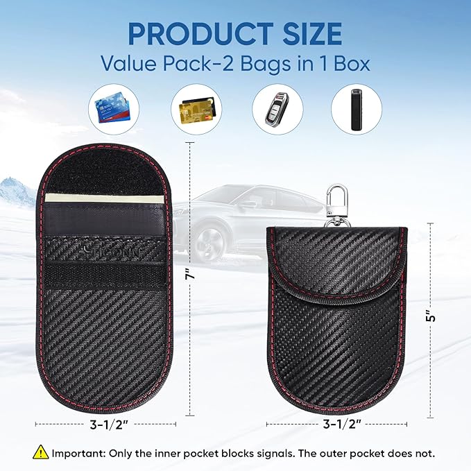 TICONN 2PK Faraday Bags for Car Keys Fob, 3.5''X5.0'' Faraday Cage Protector, Car RFID Signal Blocking, Anti-Theft Pouch Anti-Hacking Case Blocker (Carbon Fiber)