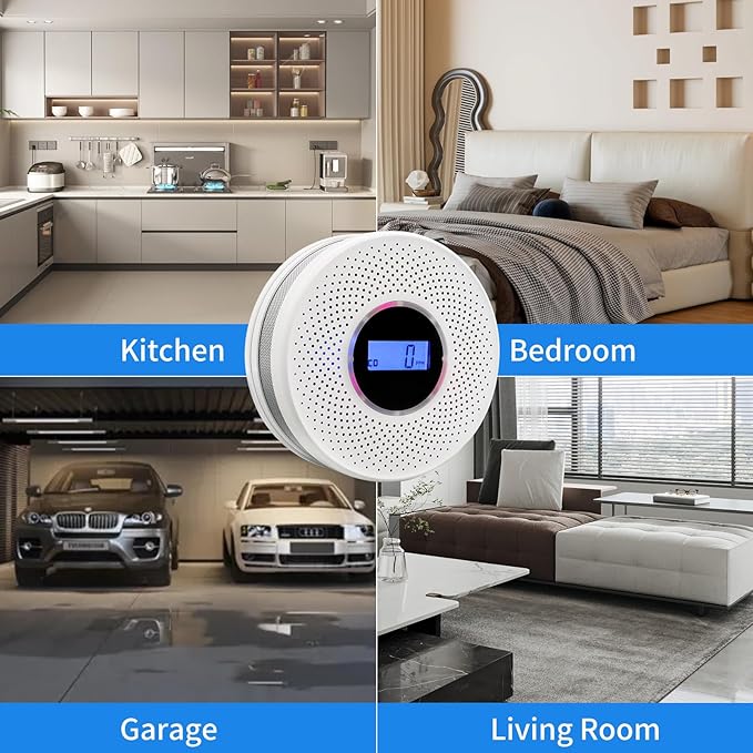 Smoke Detector Carbon Monoxide Detector Combo with Digital Display and Sound Light Alarm, 2-in-1 Smoke & CO Alarm with Battery Operated for Home, Travel or RV