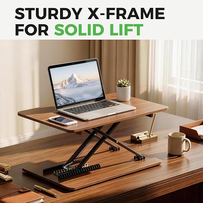 Standing Desk Converter Adjustable Height, 25.16" × 15.75" Height Adjustable Desktop Riser, No Assembly Required, Desktop Workstation for Laptop, Monitor and Office Use (Natural Wood) (Natural)