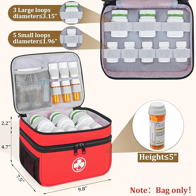 Dual Layers Medicine Organizer Bag, Pill Bottle Organizer Storage with Lockable Zipper, Lockable Medicine Travel Case for Pills, Vitamins, Medical Supplies, Red（Lock not Included）