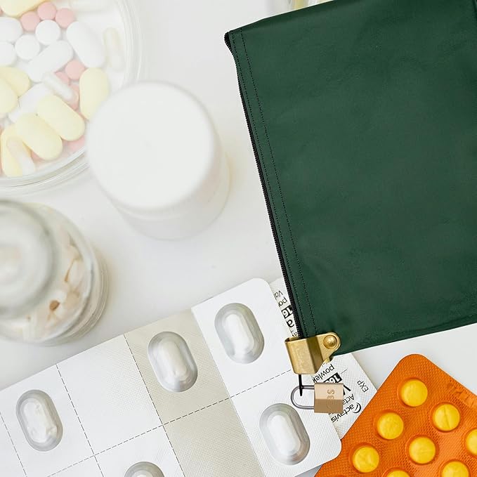 Medication Zipper Hood Security Bag with Included Padlock and Keys, Small Pill Bag, Travel Carry Pouch, Medicine Storage, 9 x 6 inches (Forest Green)