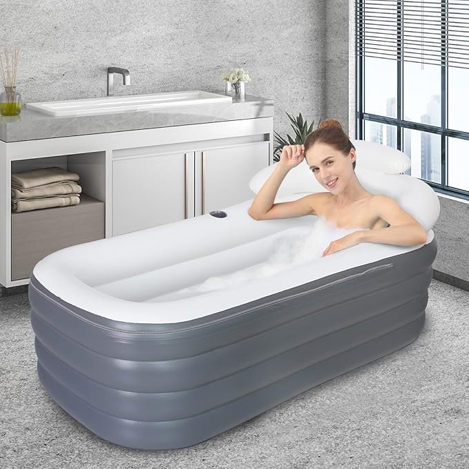 B&Y Portable Adult Soaking Bathtub, Ice Bath Tub Family Home Spa Tub with Zipper Cover, Designed with Headrest, Cup Holder (Air Pump Included) (Rectangular-164x84x51cm (without Machine))