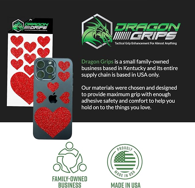 Dragon Grips Heart Stickers - 10 Pcs Clear Heart-Shaped Rubberized Grip Stickers - Waterproof, Multi-Purpose, Non-Slip, Textured Cell Phone Grip Tape for Laptop, Mouse, Tablet, iPad, iPhone Case