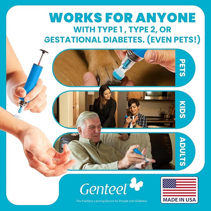 Genteel Plus - No Prick Pain Vacuum Lancing Device for Diabetes Testing - Blood Sugar, Glucose, Ketone, and DNA Home Tests (Butterfly Blue)