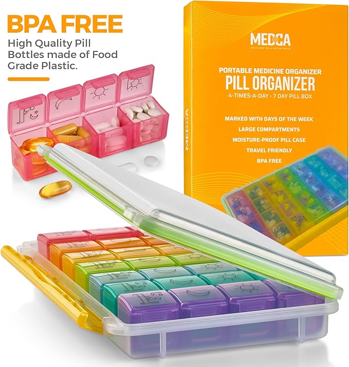 Weekly Pill Organizer - Portable 4 Times-A-Day - Water Moisture-Proof AM/PM Pill Case, Colorful 7 Day Medicine Holder Pill Box with Labels for Prescriptions, Medications, Vitamins, and Supplements