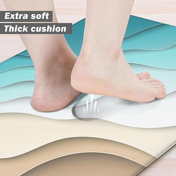 Kitchen Mats for Floor Anti Fatigue Floor Blue Cushioned Memory Foam Non Slip PVC Leather Padded Comfort Standing Rugs Set of 2, 17.3x28+17.3x47 Inch, 0.4 Inch Thick