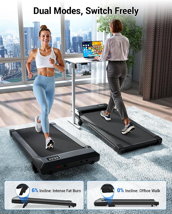 DeerRun Under Desk Walking Pad Treadmill for Home & Office, 6% Manual Incline, 0.6–3.8 MPH Walking Speed, 300 lb Capacity, App & Remote Control