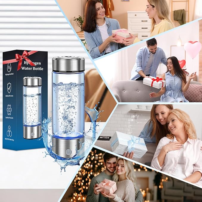 Hydrogen Water Bottle Generator - Portable Hydrogen Water Ionizer Machine SPE PEM Tech, Rechargeable Hydrogen Rich Water Glass Bottle for Home Gym Office and Travel Hydrogen Bottle