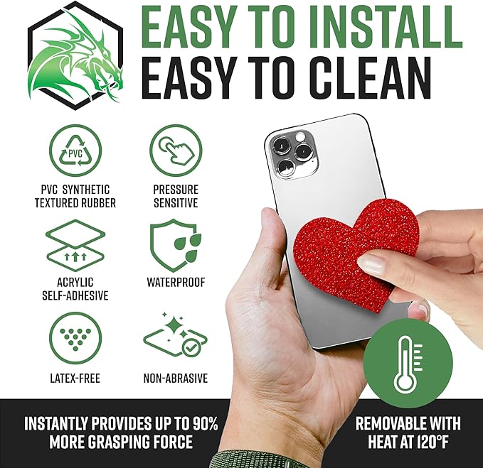 Dragon Grips Heart Stickers - 10 Pcs Clear Heart-Shaped Rubberized Grip Stickers - Waterproof, Multi-Purpose, Non-Slip, Textured Cell Phone Grip Tape for Laptop, Mouse, Tablet, iPad, iPhone Case