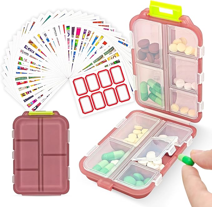 Pill Organizer with Medicine Labels, 10 Compartments Travel Pill Box with Removable Labels, Portable Foldable Supplement Box Holder for Fish Oil Vitamin