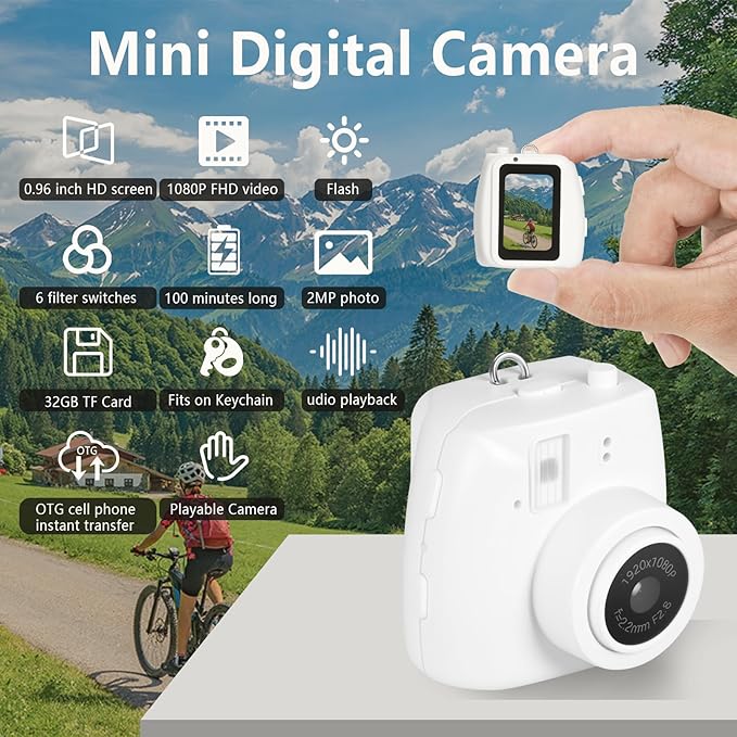 Mini Keychain Camera, FHD 1080p 8MP Mini Digital Camera with 32GB SD Card, 0.96" HD Display, 100 Mins Battery Life for Travel Recording Birthday Gifts (Unzip, White)