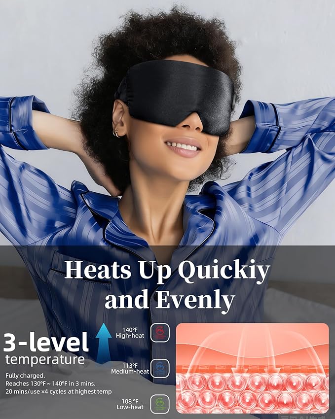 Heated Eye Mask for Dry Eyes - Silk Cordless Warm Eye Compress Moist Heat, Eye Heating Pad for Stye Treatment, Tired Eyes, Sleep, Travel, Washable, Rechargeable, Black