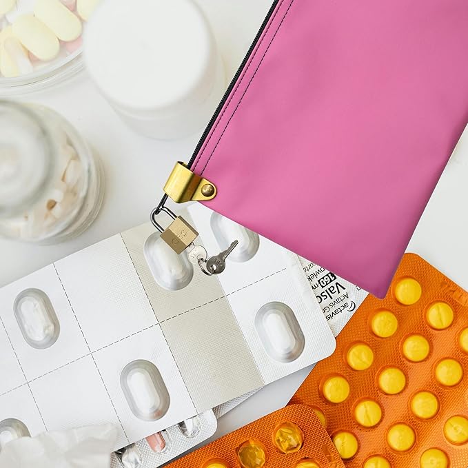 Medication Zipper Hood Security Bag with Included Padlock and Keys, Small Pill Bag, Travel Carry Pouch, Medicine Storage, 9 x 6 inches (Pink)