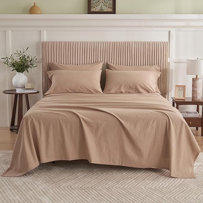 Simple&Opulence Belgian Linen Sheet Set Solid Color - 6 Pieces (1 Flat Sheet & 1 Fitted Sheet & 4 Pillowcases) 16" Deep Pocket Natural Flax Cotton Blended Soft Bedding - Clay, King Size