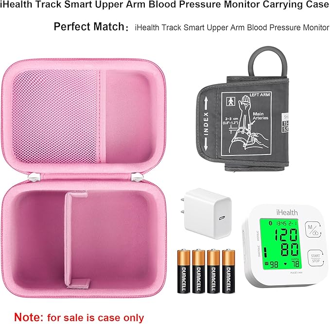 Elonbo Carrying Case for iHealth Track Smart Upper Arm Blood Pressure Monitor, Wireless Bluetooth Blood Pressure Monitor Travel Protective Bag Storage Holder, Mesh Pocket fits Range Cuff, Pink