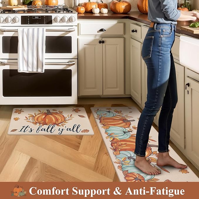 U'Artlines Fall Kitchen Rugs Sets of 2, Anti Fatigue Mats for Kitchen Floor Printed on Both Sides, Non Slip Waterproof Fall Kitchen Mats with Pumpkin Leaves Fall Decor Pattern 17"x28"+17"x47"