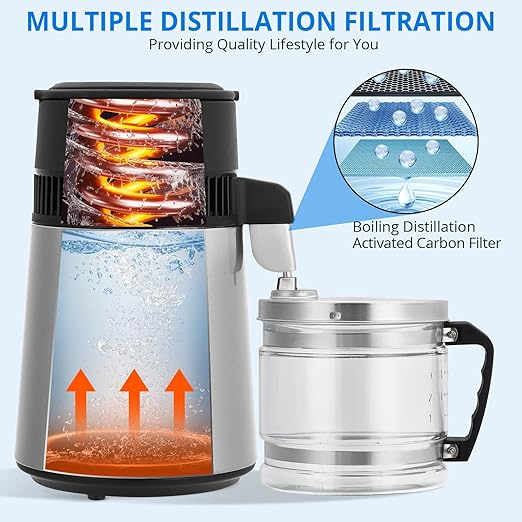 4L Water Distiller, 1 Gal Stainless Steel Distilled Water Machine with Glass Container, 750W Countertop Purifier Filter Kit for Home, Desktop Drinking Water Maker - Silver