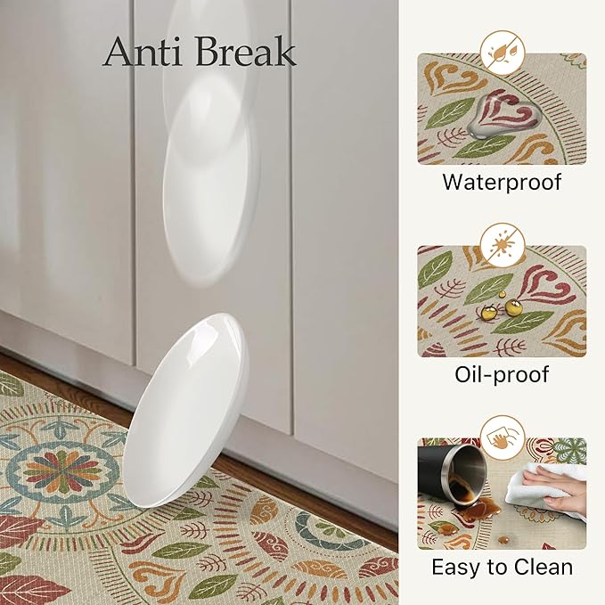GENIMO Kitchen Mats for Floor 2PCS, Cushioned Kitchen Rugs Non Slip Washable, Farmhouse Anti Fatigue Mat Waterproof, Comfort Standing Mat Rug for Office, Home, Laundry, 17.3"x47"+17.3"x30", Beige&Red