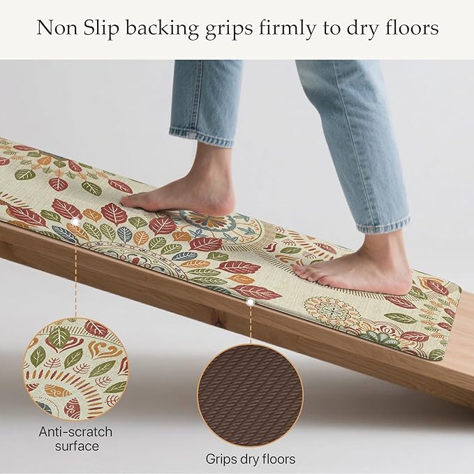 GENIMO Kitchen Mats for Floor 2PCS, Cushioned Kitchen Rugs Non Slip Washable, Farmhouse Anti Fatigue Mat Waterproof, Comfort Standing Mat Rug for Office, Home, Laundry, 17.3"x59"+17.3"x30", Beige&Red