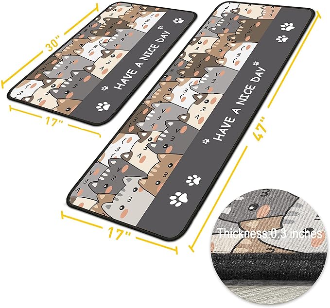 Cat Kitchen Rugs 2 Piece Set for Floor Mat, Non Skid Washable Absorbent Microfiber Cat Kitchen Mat for in Front of Sink for Standing for Home Cats Kitchen Decor 17"X30"+17"X47"