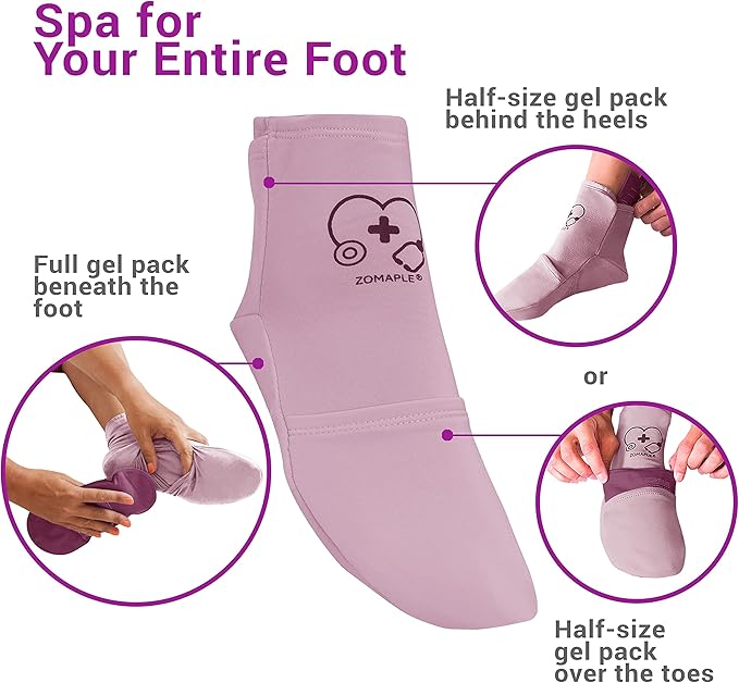 ZOMAPLE Cold Therapy Socks + Gel Packs, Lavender, Medium – Soothe Burning Feet & Reduce Swelling – Hot/Cold Use, Touch Fasteners & Comes with 2 Large & 2 Small Gel Packs – Versatile Foot Ice Pack Wrap