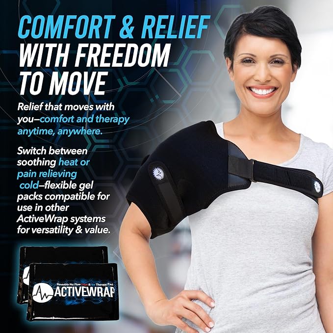 ActiveWrap Shoulder Ice Pack Wrap, with 2 Reusable Heat & Ice Packs for Shoulder Pain Relief, Rotator Cuff Cold Therapy, Adjustable Compression Straps, Post-Surgery Must-Have, Small/Medium