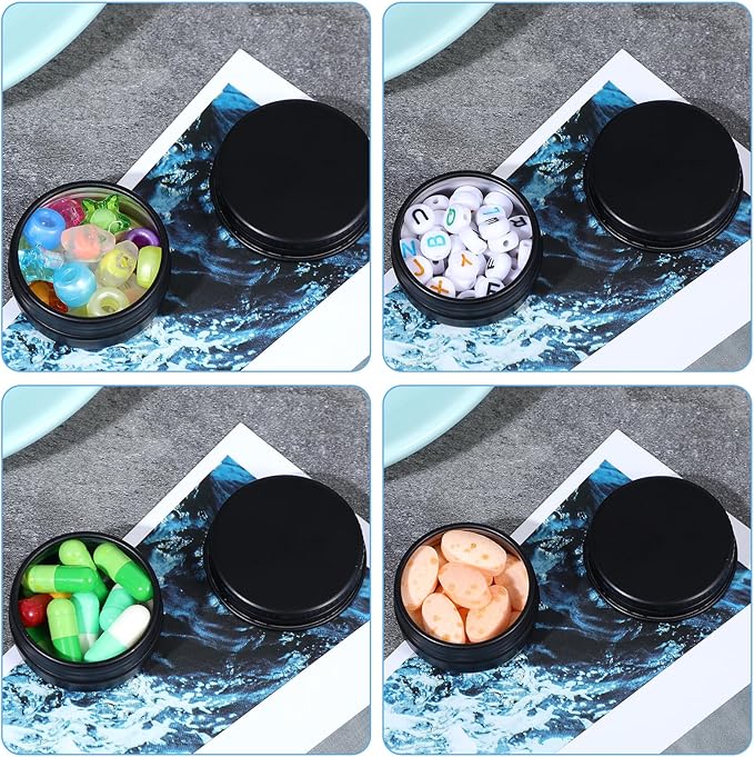 Metal Pill Organizer Box, 10 Pcs Portable Pill Case Travel Aluminum Alloy Pills Container Box for Purse Daily Medicines Storage Boxes Round Aluminum Tin Jars Containers, 10 mL, Black