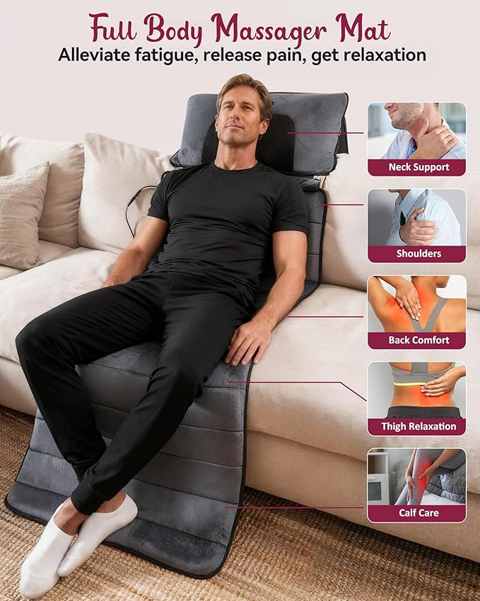 Full Body Massage Mat with Heat, Independent Shiatsu Neck Massager Pillow, 10 Vibration Motors, 5 Modes & 3 Intensities, Foldable Back Massage Pad with 15-Min Auto Off for Home & Office