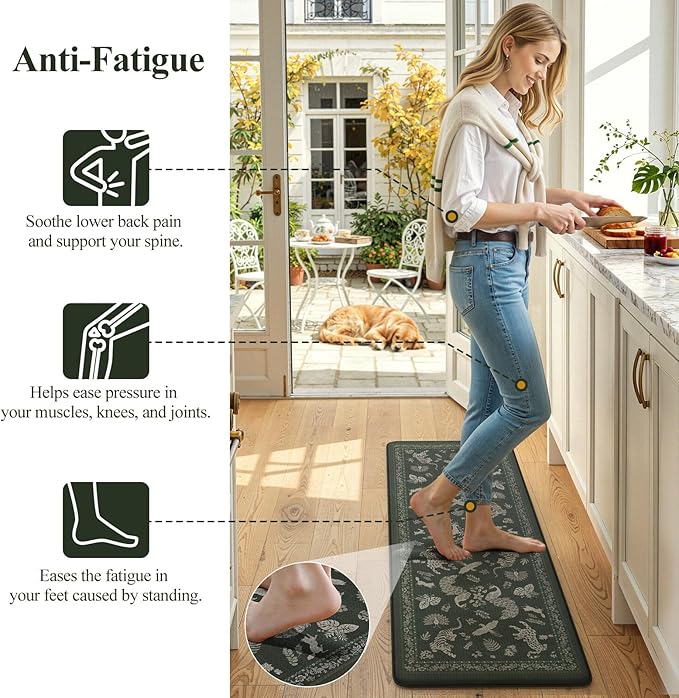 LEEVAN Anti Fatigue Mats for Kitchen Floor Non-Slip, Cushioned Kitchen Mats for Floor 2 Piece, Dark Green Memory Foam Kitchen Mat Set, Waterproof Ergonomic Standing Mat for Bar, Office,Desk, Laundry