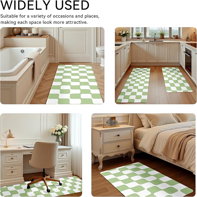 Fresh Green Retro Curvy Checkered Grid Checkerboard Kitchen Rug Sets [2 PCs], Anti-Fatigue, Waterproof Non-Slip Kitchen Mats Heavy Duty Comfort Foam Rug for Floor, Home, Laundry,17"x29"+17"x47"