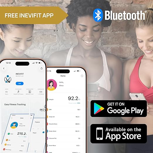INEVIFIT SMART Body Fat Scale, Highly Accurate Bluetooth Digital Bathroom Body Composition Analyzer, Measures Weight, Body Fat, Water, Muscle, BMI, Visceral Fat & Bone Mass for Unlimited Users