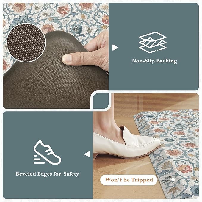 KIMODE Comfort Kitchen Mats for Floor Cushioned Anti Fatigue,Farmhouse Floral Spring Sink Rug Non Slip for Laundry,Extra Thick Memory Foam Padded Standing Desk Carpet for Office,Blue/White